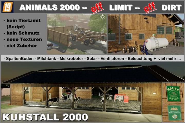 FS19 - Cowshed 2000 Without Animal Limit + No Pollution + Accessories V1.3